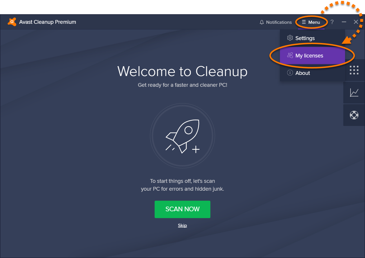 Klik menu My Licenses di antarmuka Avast Cleanup