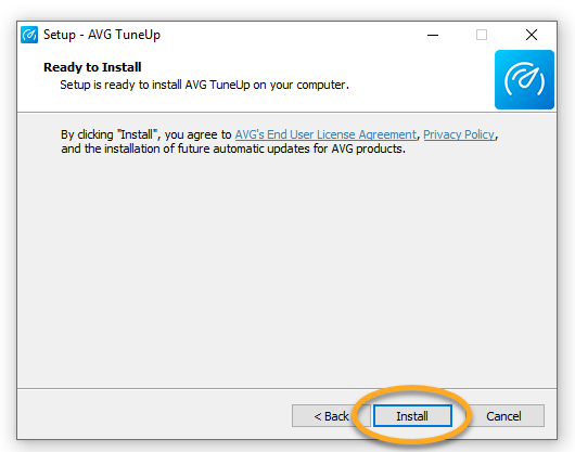 The AVG PCTuneup dialog is ready to install