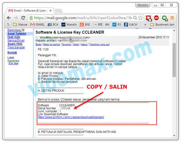 Copy the CCleaner License Key from the Email