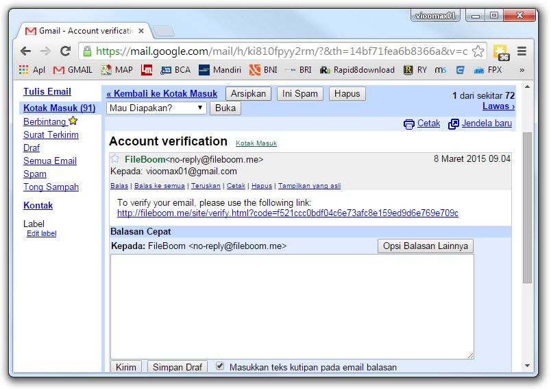 Buka Email dari Fileboom berisi link untuk verifikasi
