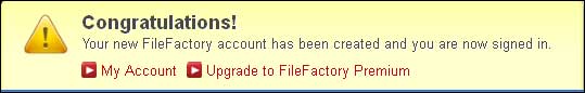 Filefactory Notification That account has been created