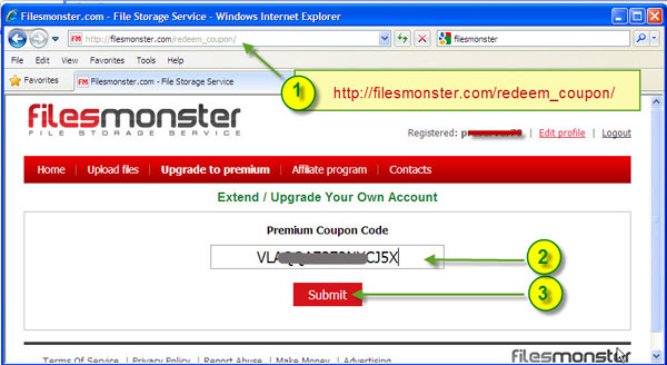 Redeem kupon Filesmonster untuk mengaktifkan Filesmonster Premium
