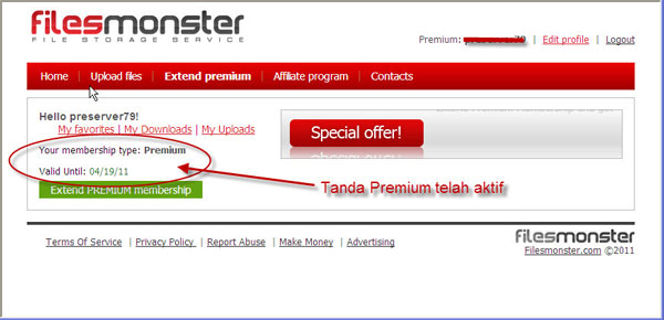 Informasi masa aktif Filesmonster premium