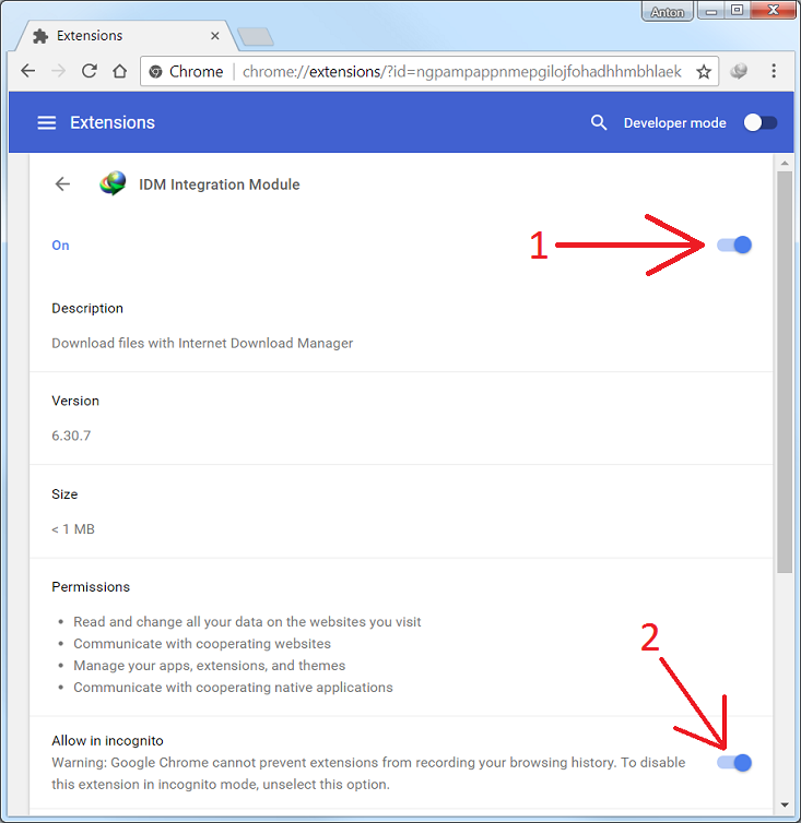Mengaktifkan ekstensi IDM di Google Chrome