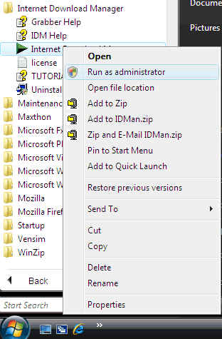 Running the IDM program in Windows Vista