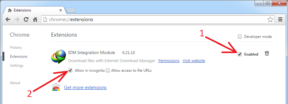 Mengaktidkan IDM di mode incognito Chrome