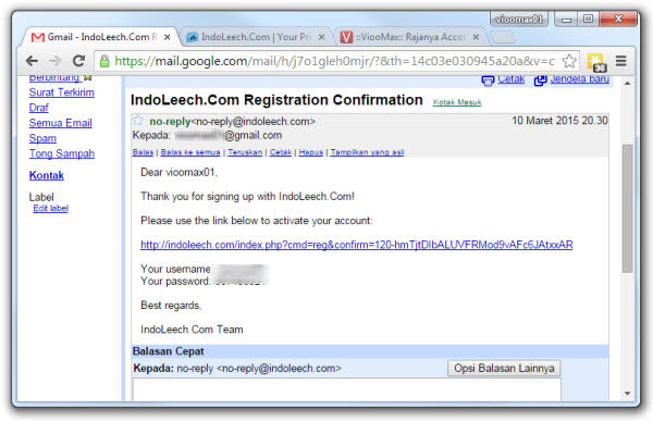 Email berisi link untuk konfirmasi pendaftaran Indoleech