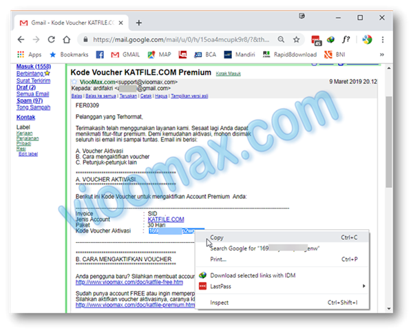 Email berisi premium key Katfile