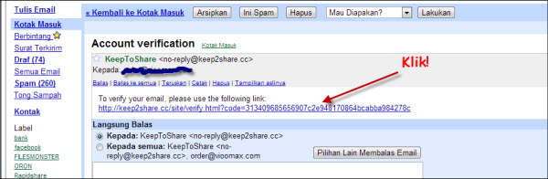 Temukan dan klik link verifikasi di email yang dikirim Keep2share