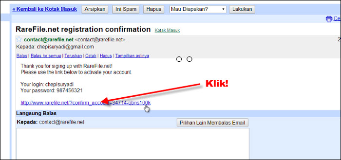 Email berisi link konfirmasi pendaftaran Rarefile Free / Gratis
