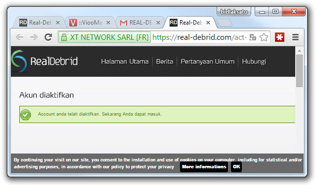 Muncul notifikasi aktivasi account Real-Debrid free berhasil