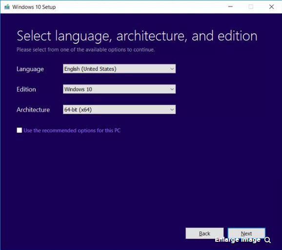 Select language, Windows Edition, and Architecture